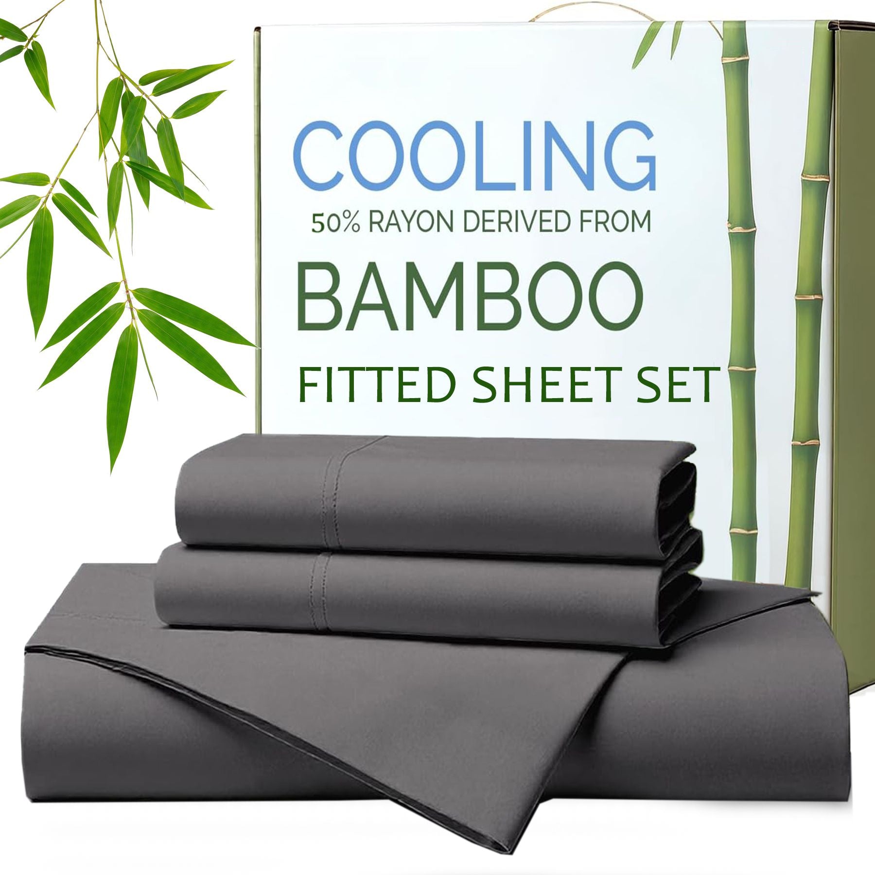 Hotel Breathable Bamboo Fitted Sheet & Pillowcase-3 Piece-Ultra Soft 2000TC Breathable Fitted Bed Sheets Set with 37 Centimetre Deep Pocket-Cooling Sheets for Hot Sleepers(Grey,Queen)