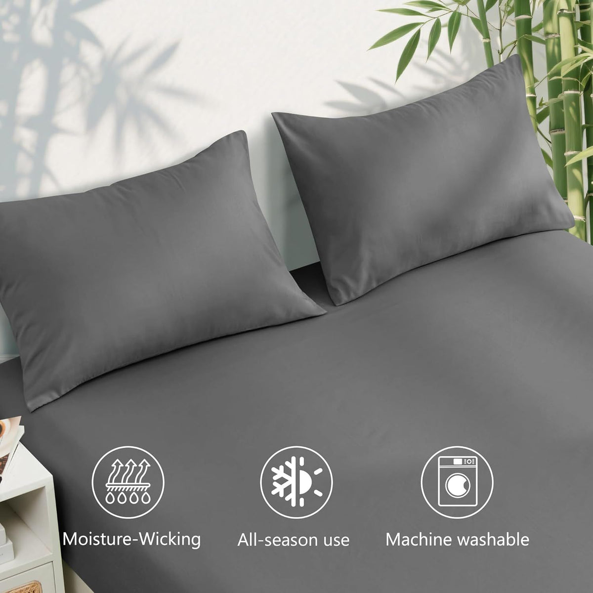 Hotel Breathable Bamboo Fitted Sheet & Pillowcase-3 Piece-Ultra Soft 2000TC Breathable Fitted Bed Sheets Set with 37 Centimetre Deep Pocket-Cooling Sheets for Hot Sleepers(Grey,Queen)