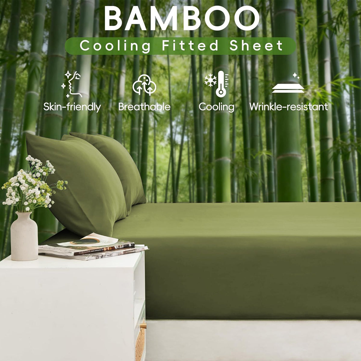 4 Piece Ultra Soft Bamboo Breathable Sheet Set -Hotel 2000TC Breathable Bed Sheets Set with 37 Centimetre Deep Pocket-Breathable Sheets for Hot Sleepers(Olive green,Queen)