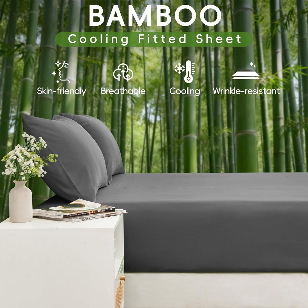 Hotel Breathable Bamboo Fitted Sheet & Pillowcase-3 Piece-Ultra Soft 2000TC Breathable Fitted Bed Sheets Set with 40 Centimetre Deep Pocket-Cooling Sheets for Hot Sleepers(Grey,Super King)