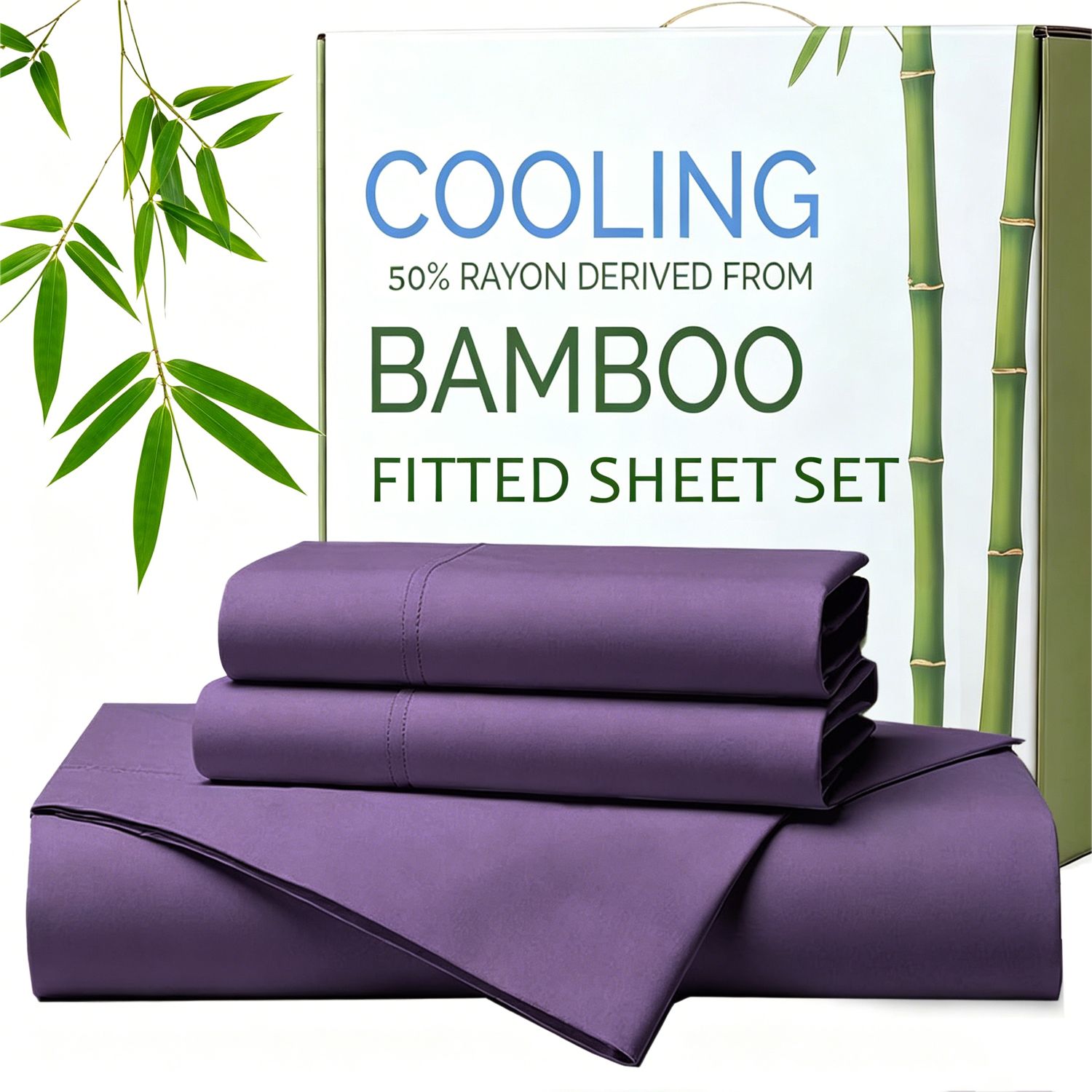 Hotel Breathable Bamboo Fitted Sheet & Pillowcase-3 Piece-Ultra Soft 2000TC Breathable Fitted Bed Sheets Set with 40 Centimetre Deep Pocket-Cooling Sheets for Hot Sleepers(Purple,Super King)