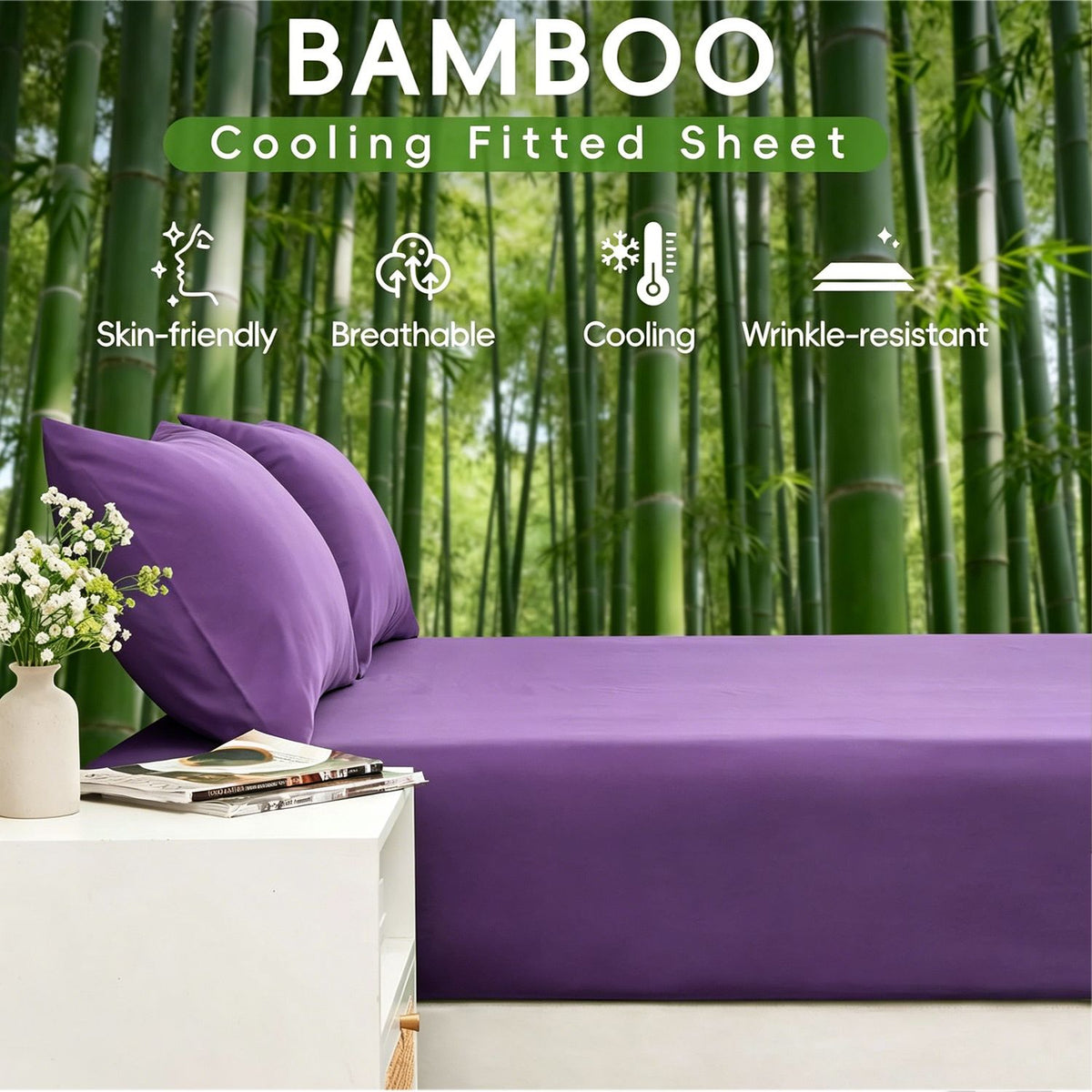 Hotel Breathable Bamboo Fitted Sheet & Pillowcase-3 Piece-Ultra Soft 2000TC Breathable Fitted Bed Sheets Set with 40 Centimetre Deep Pocket-Cooling Sheets for Hot Sleepers(Purple,Super King)
