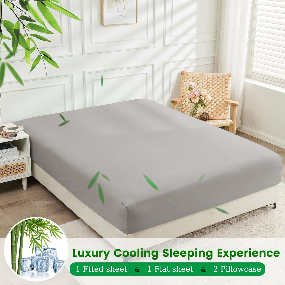 Hotel Breathable Bamboo Fitted Sheet & Pillowcase-3 Piece-Ultra Soft 2000TC Breathable Fitted Bed Sheets Set with 40 Centimetre Deep Pocket-Cooling Sheets for Hot Sleepers(Silver-gray,Super King)