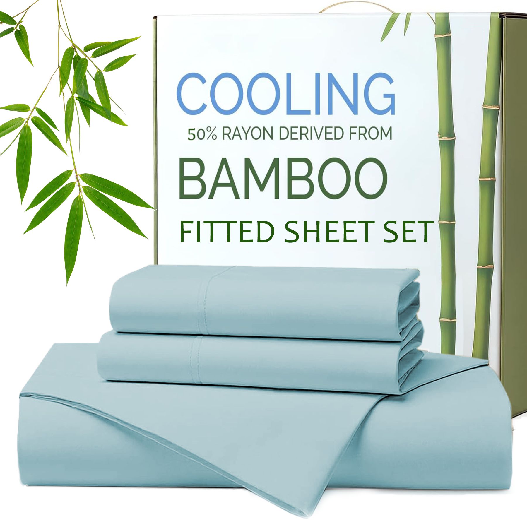 Hotel Breathable Bamboo Fitted Sheet & Pillowcase-3 Piece-Ultra Soft 2000TC Breathable Fitted Bed Sheets Set with 40 Centimetre Deep Pocket-Cooling Sheets for Hot Sleepers(Sky Blue,Super King)