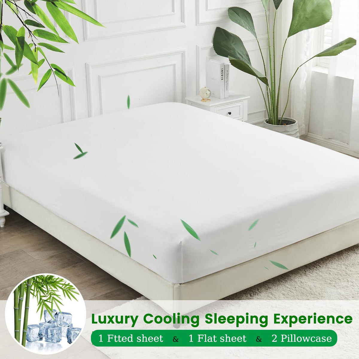Hotel Breathable Bamboo Fitted Sheet & Pillowcase-3 Piece-Ultra Soft 2000TC Breathable Fitted Bed Sheets Set with 40 Centimetre Deep Pocket-Cooling Sheets for Hot Sleepers(White,Super King)
