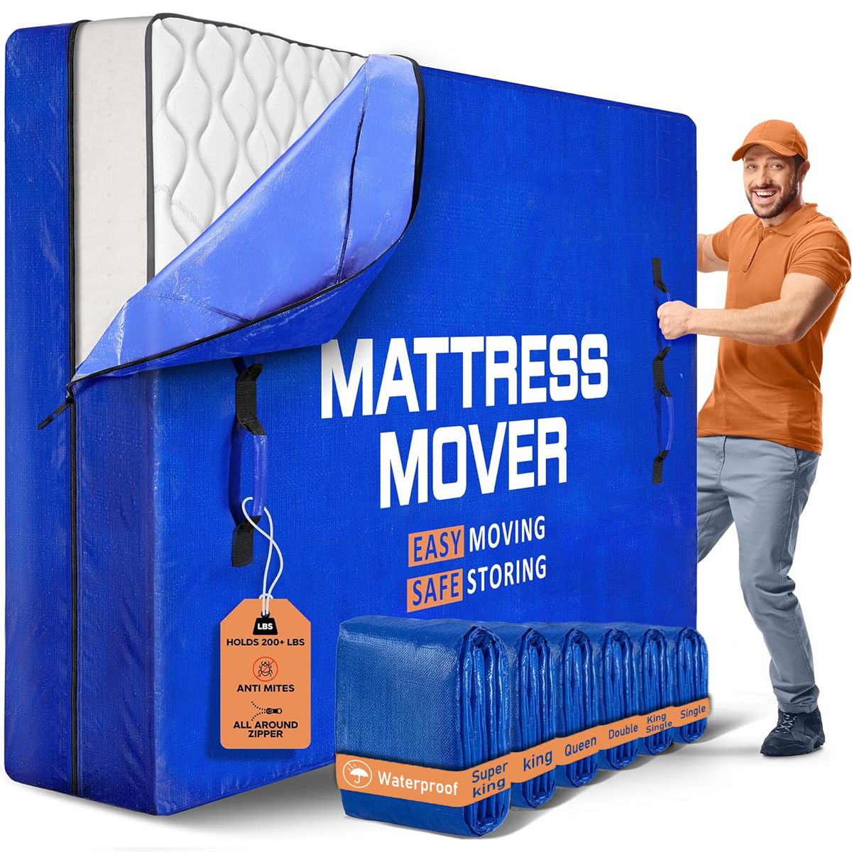 Waterproof Mattress Bag Mattresses Protector Plastic Moving Storage Dust Cover Carry Bed Zipper Packing Reusable Disposal, Extra Thick Heavy Duty, with 8 Handles(Single)
