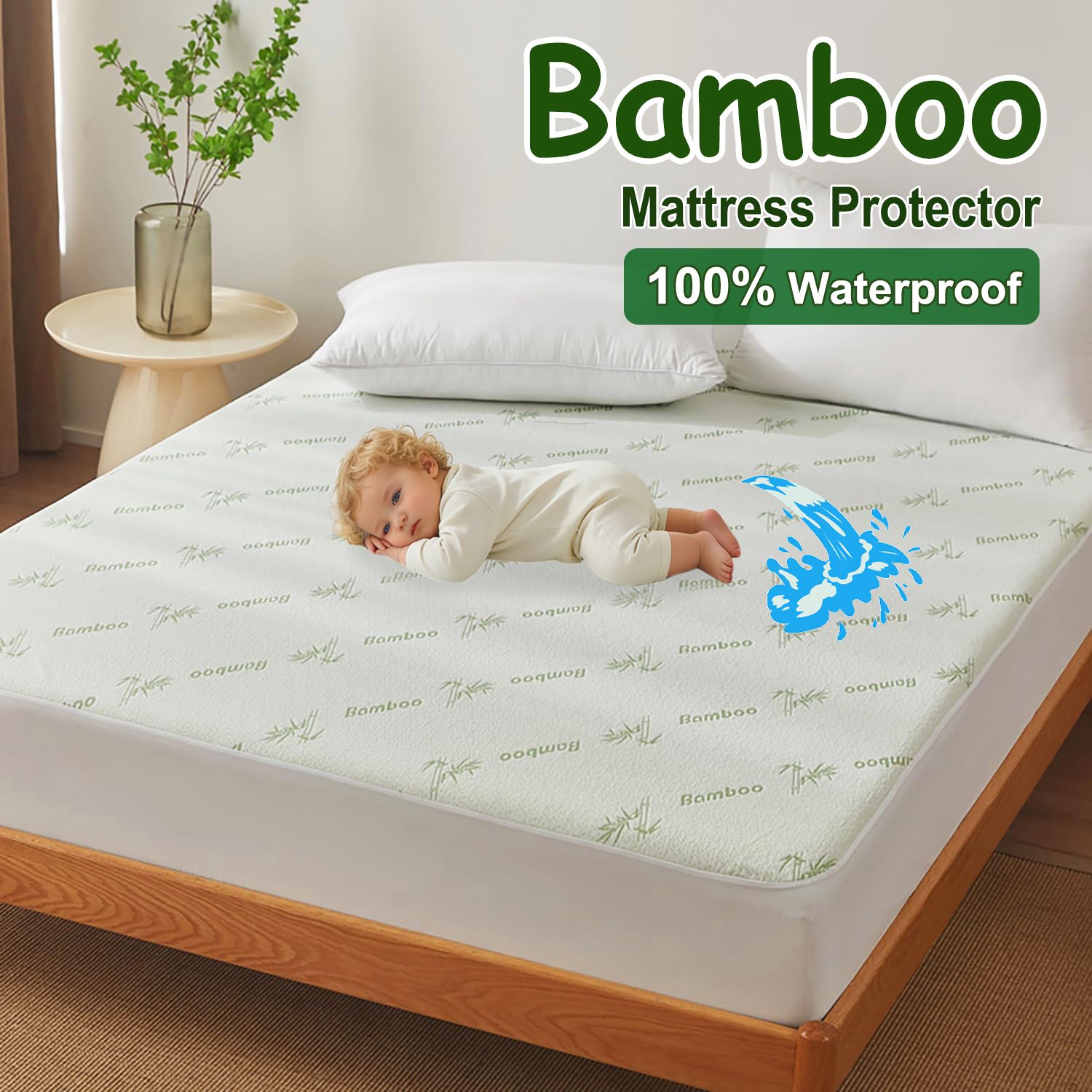 100% Waterproof Double Mattress Protector, Breathable Mattress Cover Double Size Bed, 3D Air Fabric Cooling Bed Pad Cover, Deep Pocket 40cm