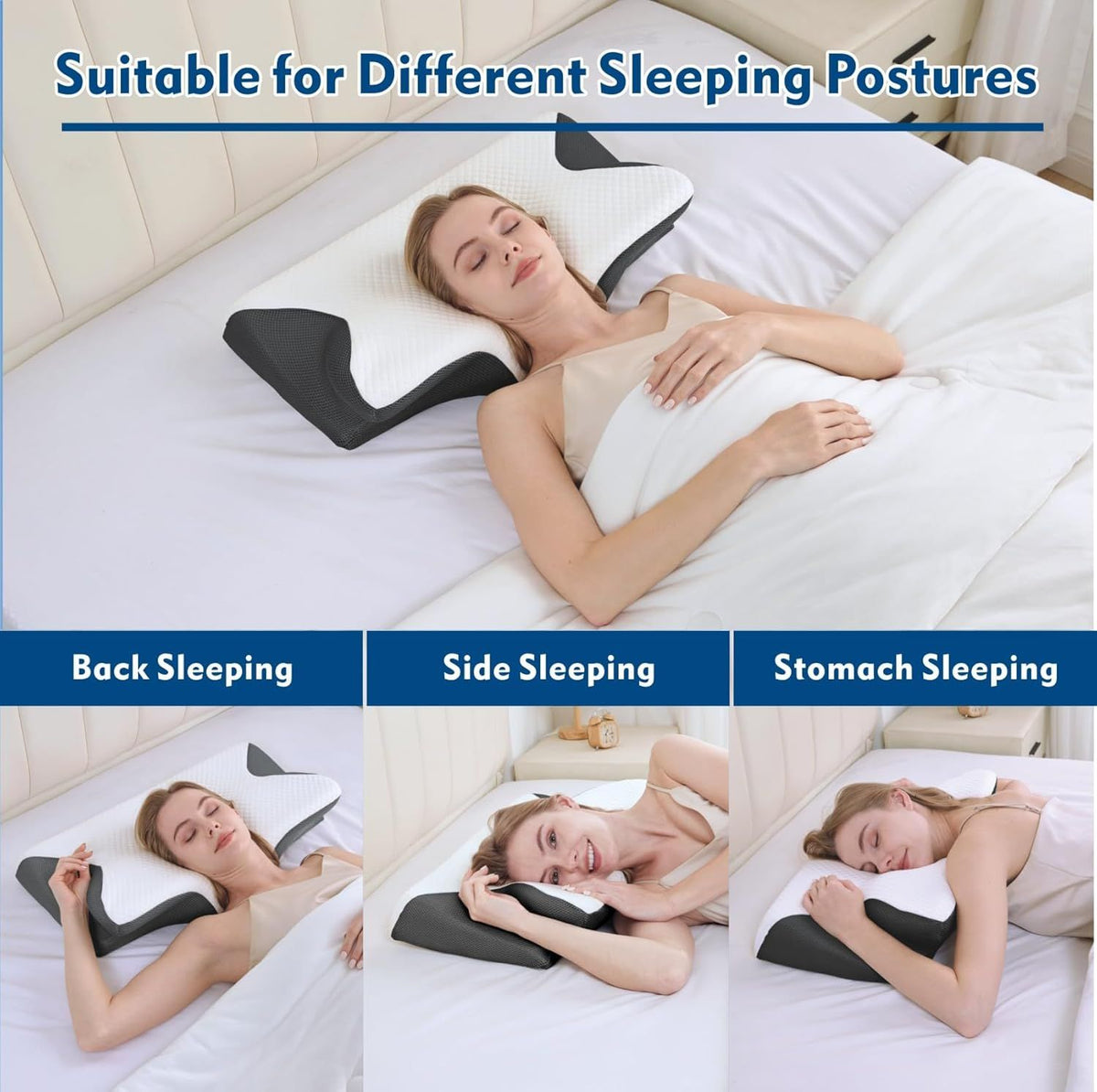 Cervical Neck Pillow for Neck Pain Relief, 2 in 1 Ergonomic Orthopedic Bed Pillow for Sleeping, Memory Foam Pillows for Side, Back & Stomach Sleepers with Removable Pillowcase(Black)