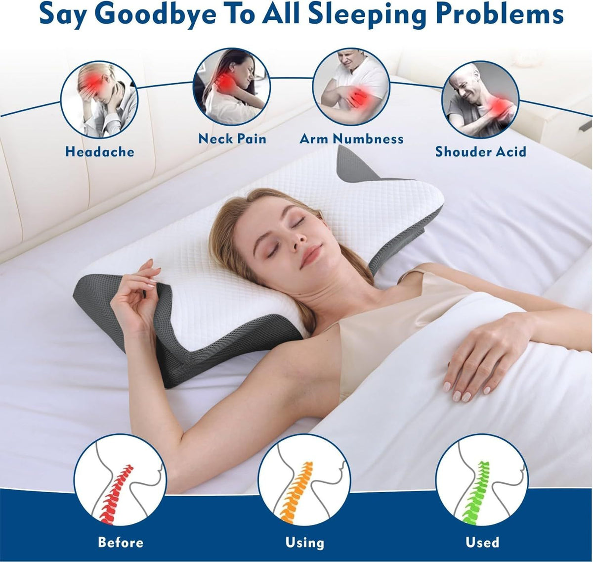 Cervical Neck Pillow for Neck Pain Relief, 2 in 1 Ergonomic Orthopedic Bed Pillow for Sleeping, Memory Foam Pillows for Side, Back & Stomach Sleepers with Removable Pillowcase(Black)
