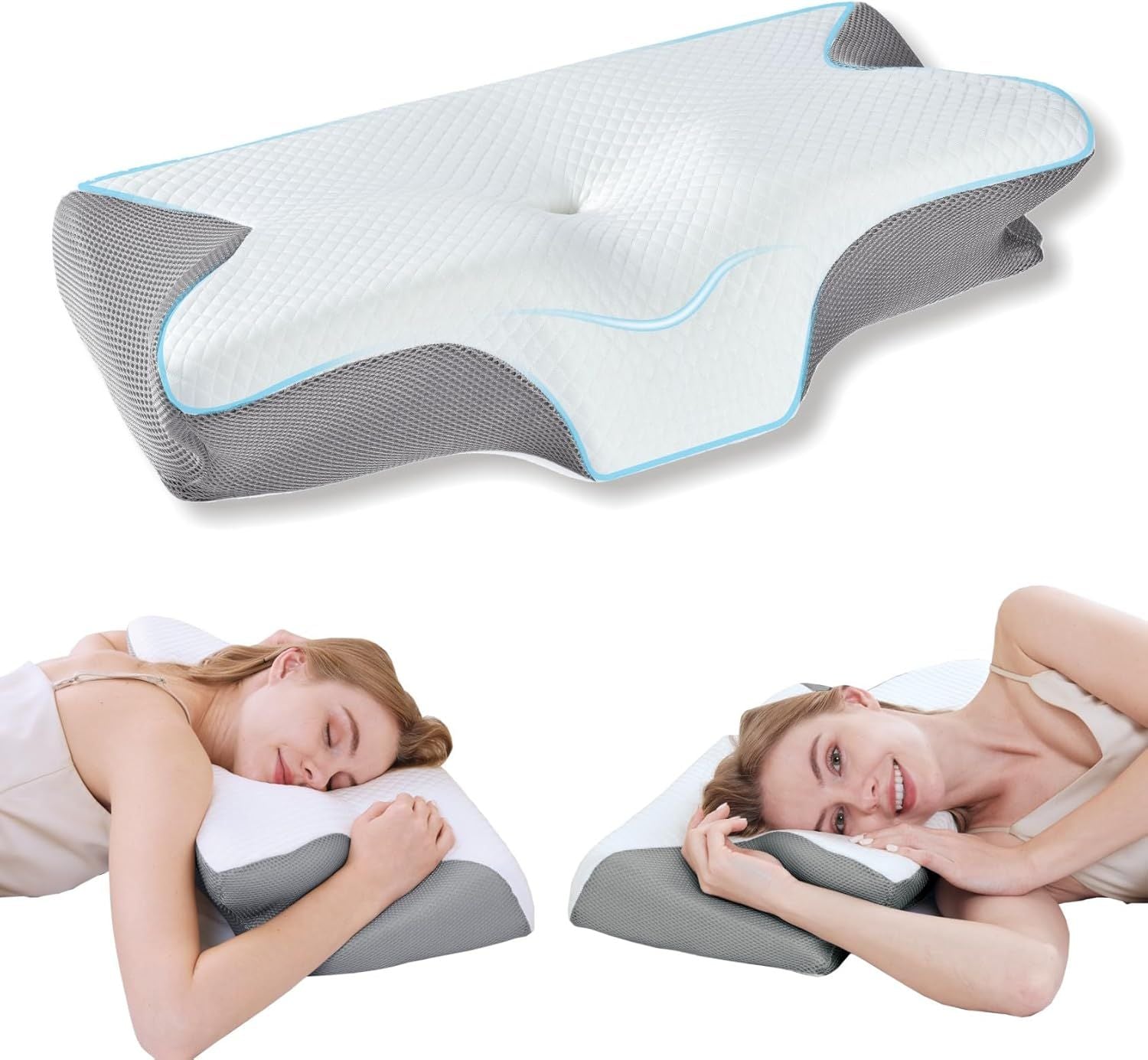 Cervical Neck Pillow for Neck Pain Relief, 2 in 1 Ergonomic Orthopedic Bed Pillow for Sleeping, Memory Foam Pillows for Side, Back & Stomach Sleepers with Removable Pillowcase(Grey)