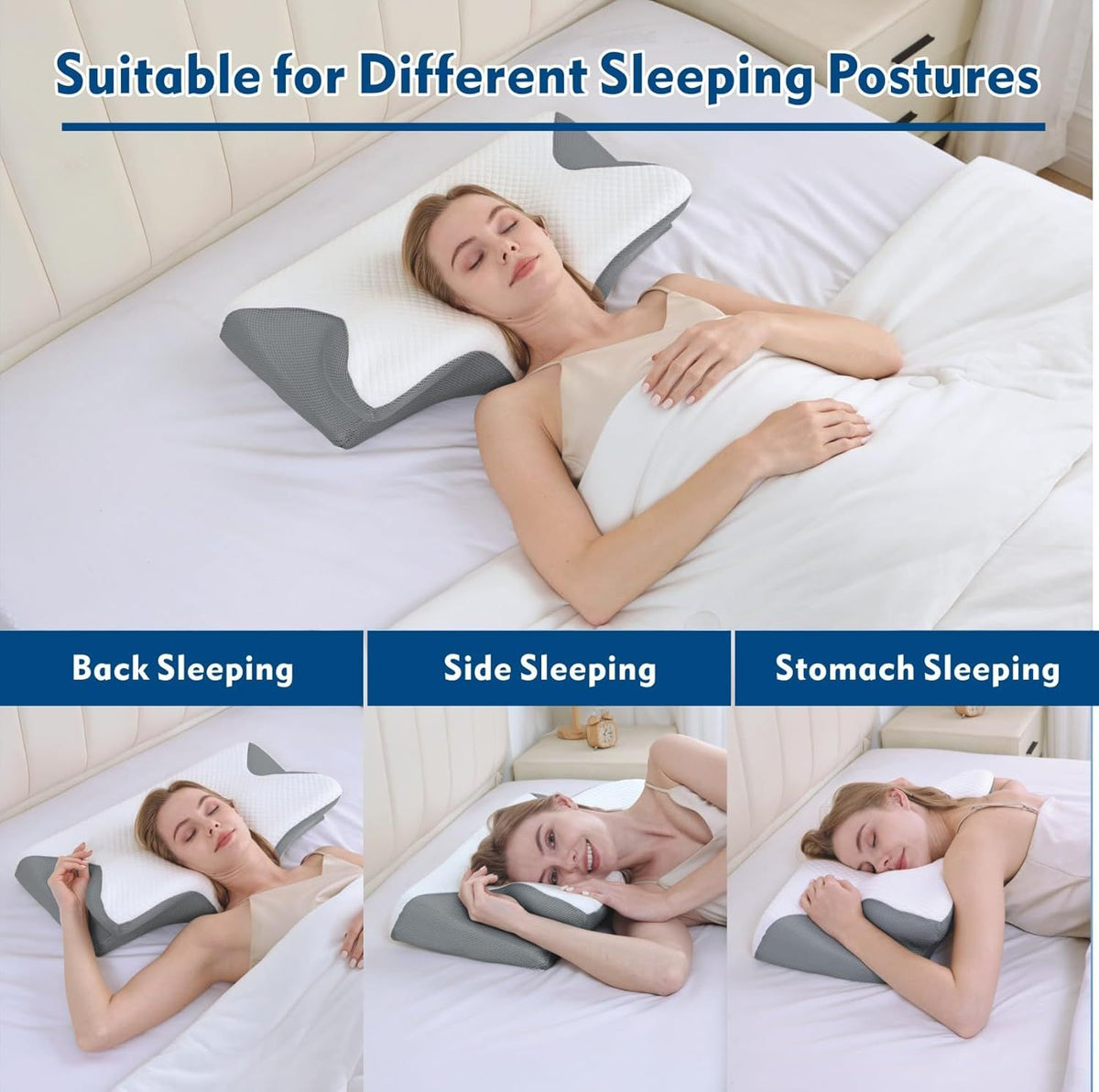 Cervical Neck Pillow for Neck Pain Relief, 2 in 1 Ergonomic Orthopedic Bed Pillow for Sleeping, Memory Foam Pillows for Side, Back & Stomach Sleepers with Removable Pillowcase(Grey)