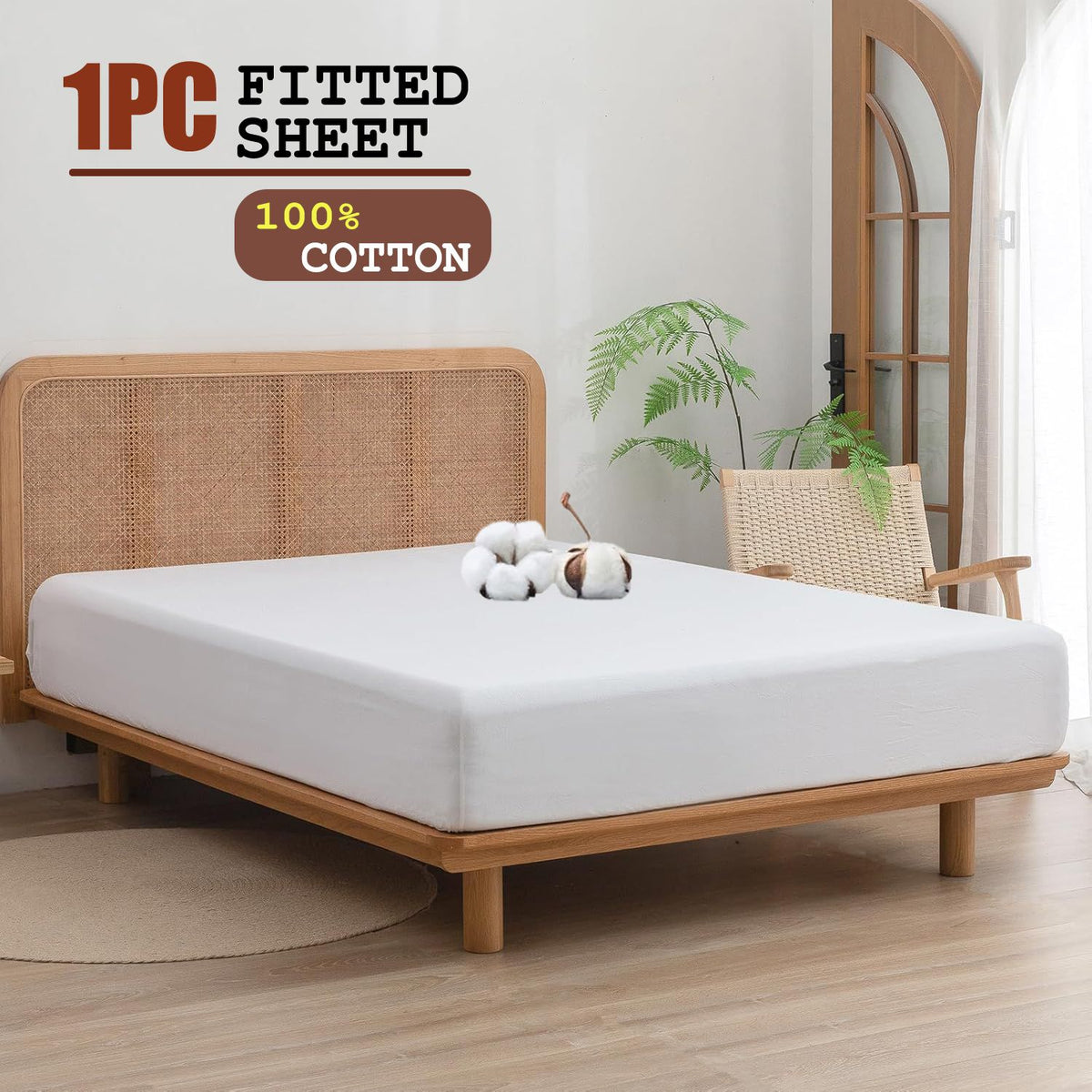 100% Cotton Fitted Sheet - Super Soft 40cm Deep Pocket Bottom Sheets - White Elastic Sheet（Double,White)