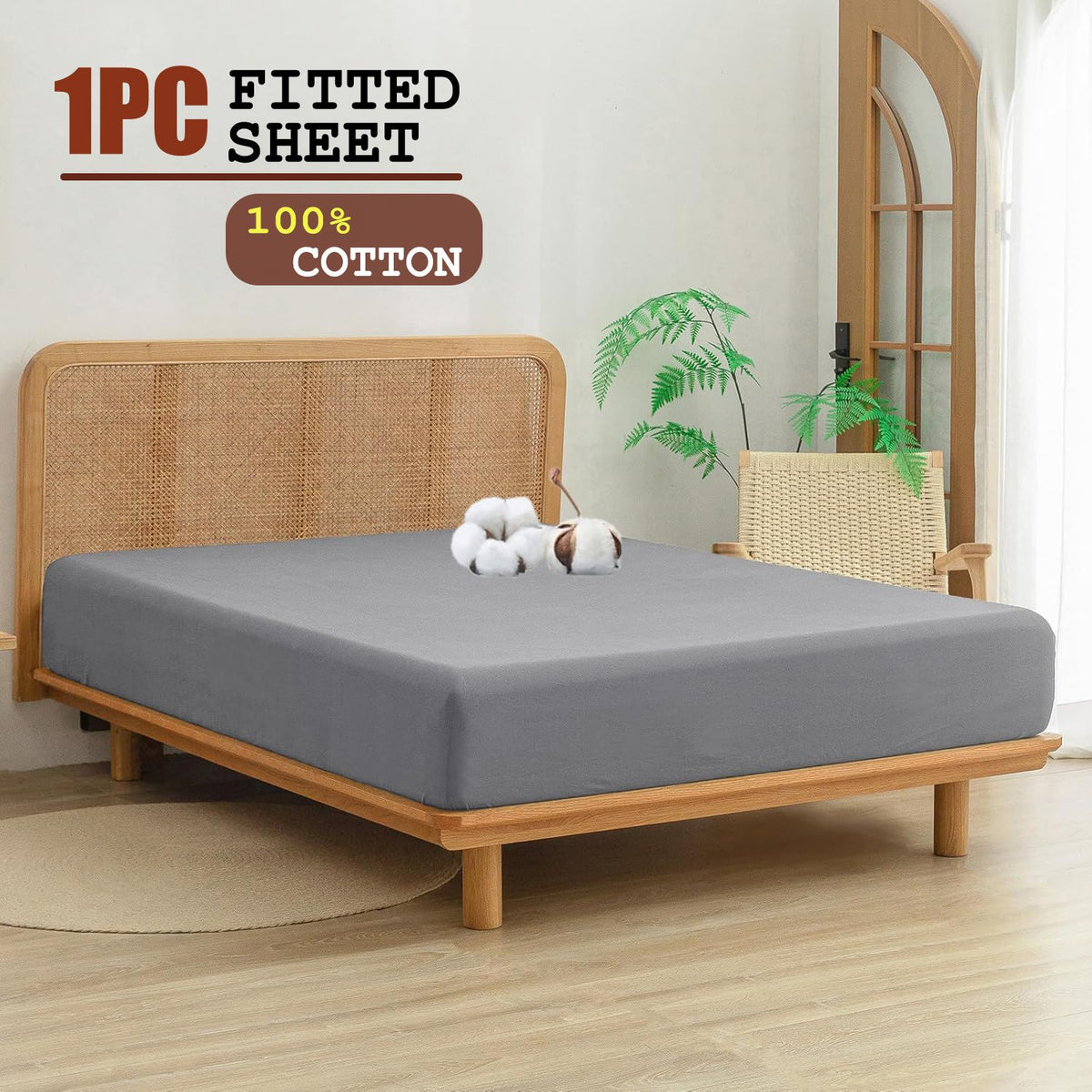 100% Cotton Fitted Sheet - Super Soft 40cm Deep Pocket Bottom Sheets - White Elastic Sheet（Double,Grey)