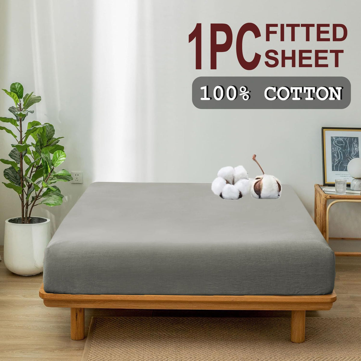 100% Cotton Fitted Sheet - Super Soft 40cm Deep Pocket Bottom Sheets - White Elastic Sheet（Double,Grey)