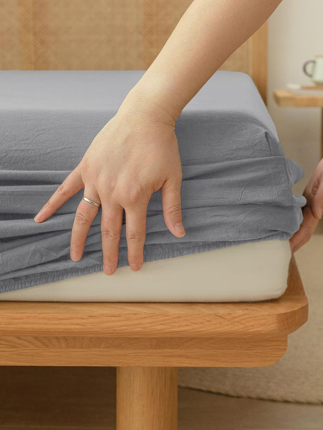 100% Cotton Fitted Sheet - Super Soft 40cm Deep Pocket Bottom Sheets - White Elastic Sheet（Double,Grey)