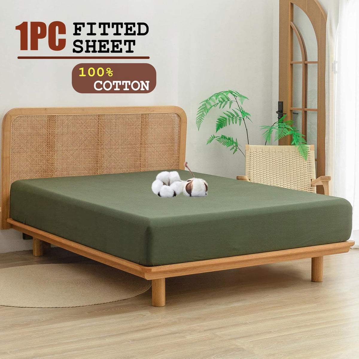 100% Cotton Fitted Sheet - Super Soft 40cm Deep Pocket Bottom Sheets - White Elastic Sheet（Double,Olive green)