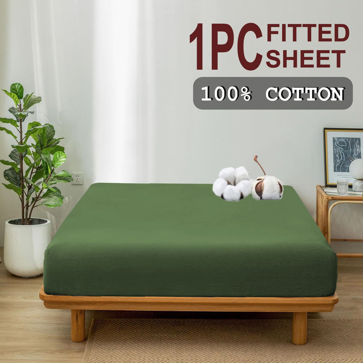 100% Cotton Fitted Sheet - Super Soft 40cm Deep Pocket Bottom Sheets - White Elastic Sheet（Double,Olive green)