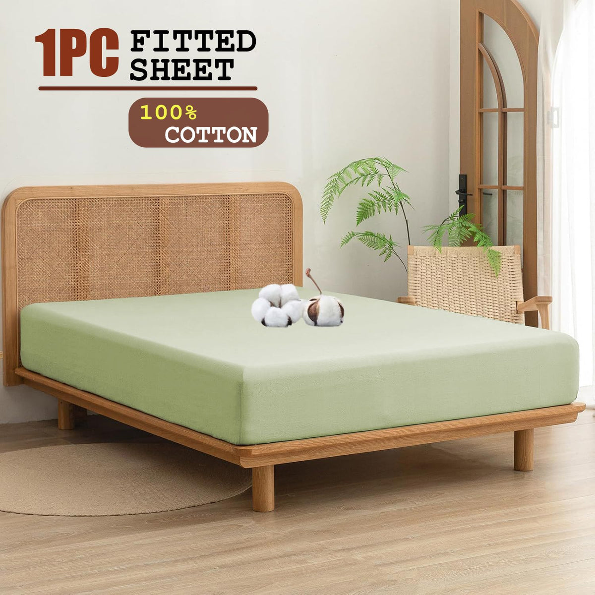 100% Cotton Fitted Sheet - Super Soft 40cm Deep Pocket Bottom Sheets - White Elastic Sheet（Queen,Green beans)