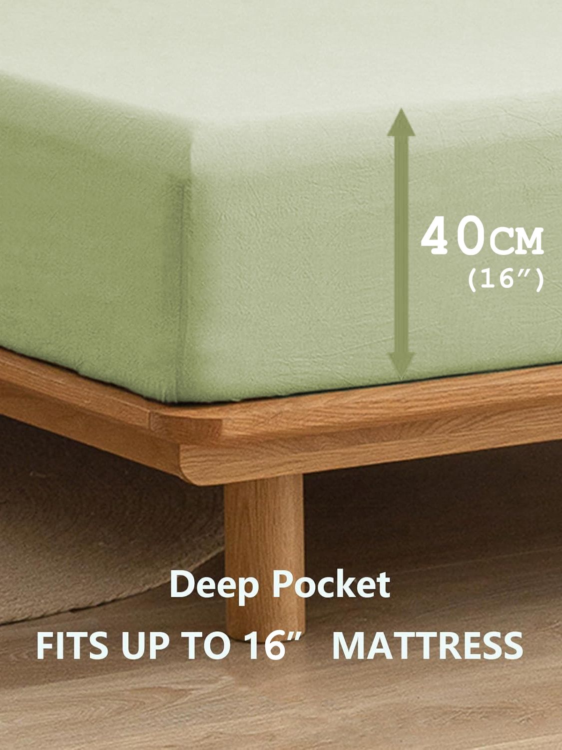 100% Cotton Fitted Sheet - Super Soft 40cm Deep Pocket Bottom Sheets - White Elastic Sheet（Queen,Green beans)