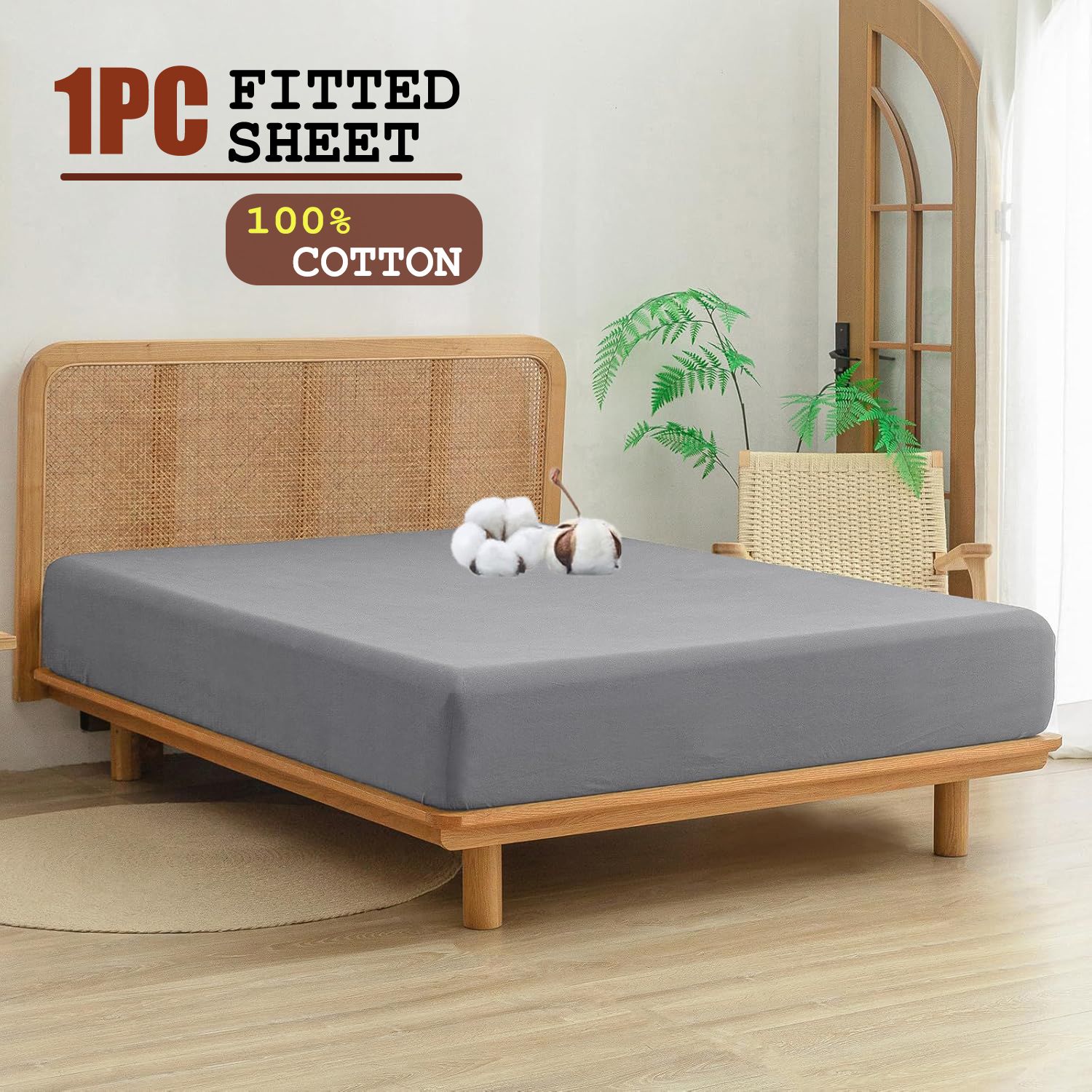 100% Cotton Fitted Sheet - Super Soft 40cm Deep Pocket Bottom Sheets - White Elastic Sheet（Queen,Grey)