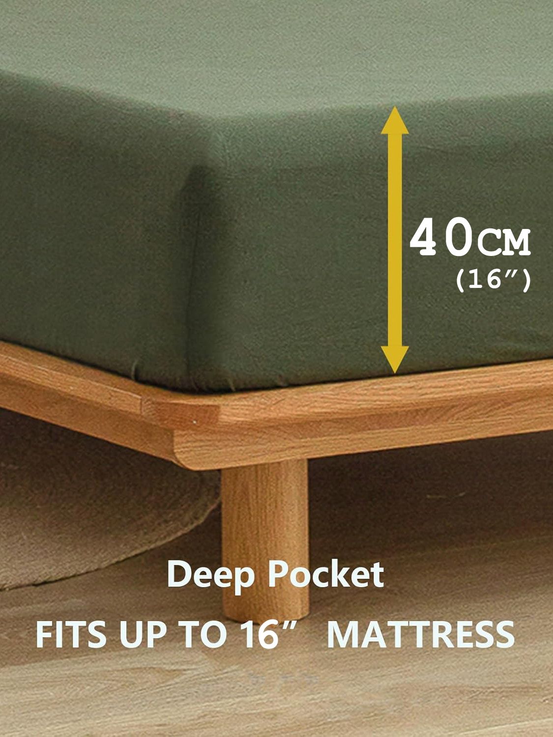 100% Cotton Fitted Sheet - Super Soft 40cm Deep Pocket Bottom Sheets - White Elastic Sheet（Queen,Olive green)