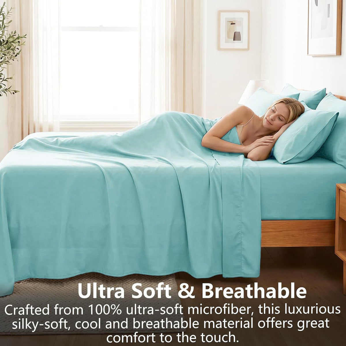 Hotel Soft Bed Sheet Set- Bedding Sheets & Pillowcases -Breathable Bedding - Wrinkle, Fade, Stain Resistant-Deep Pocket Flat Fitted Bed Sheet Set(Ice Blue,Double)
