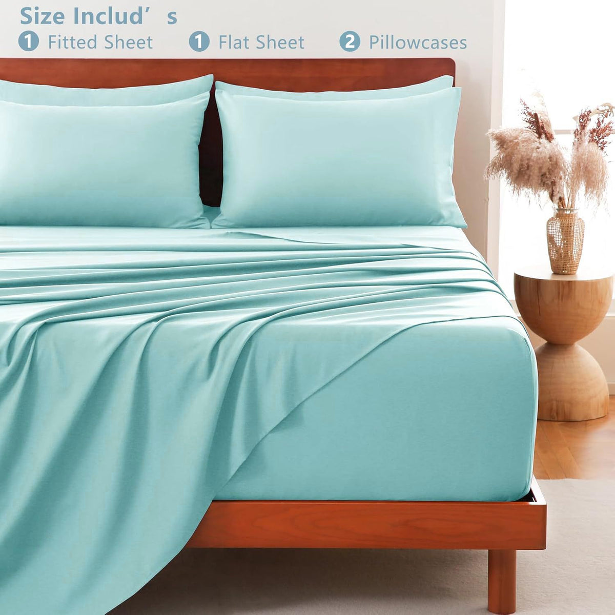 Hotel Soft Bed Sheet Set- Bedding Sheets & Pillowcases -Breathable Bedding - Wrinkle, Fade, Stain Resistant-Deep Pocket Flat Fitted Bed Sheet Set(Ice Blue,Double)