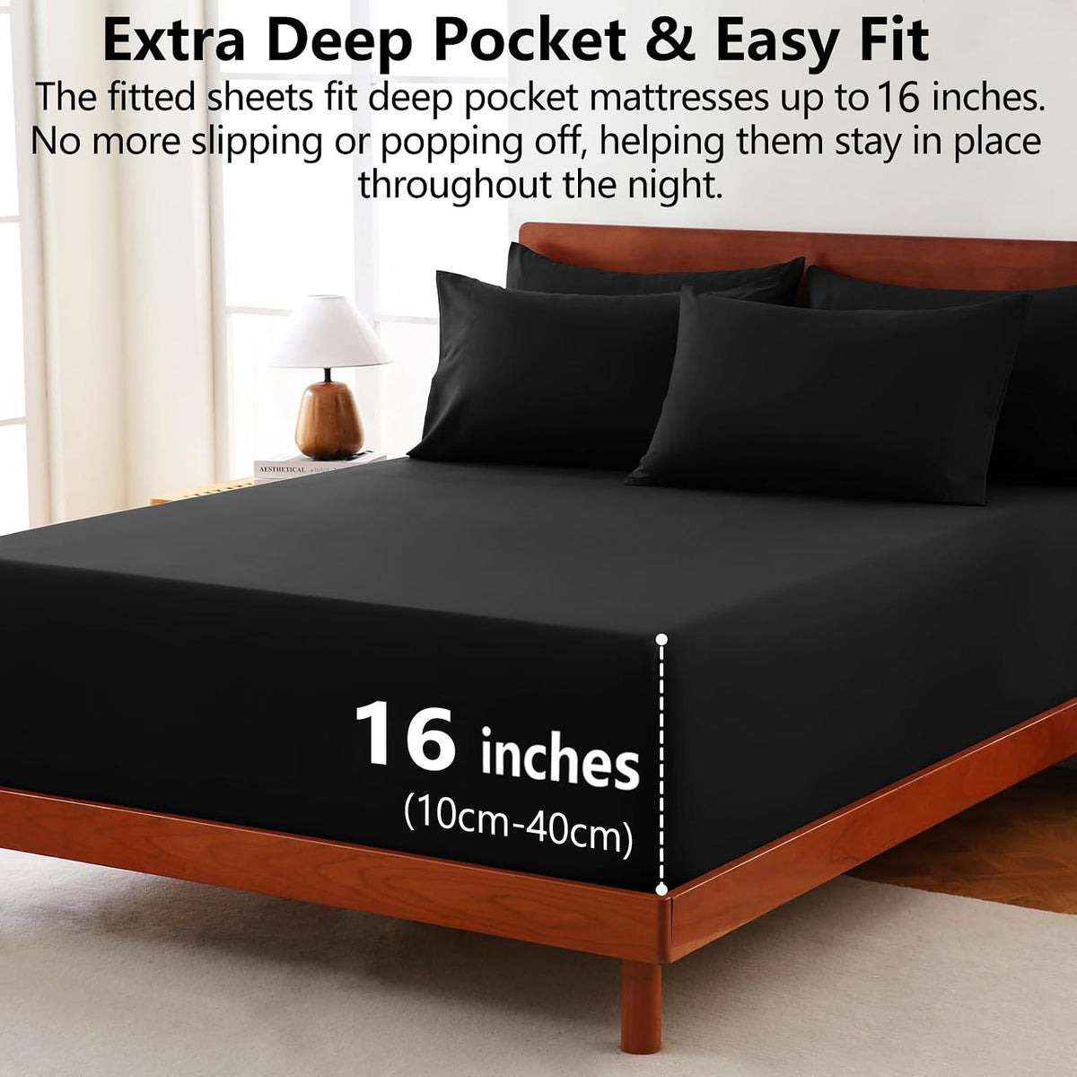 Hotel Soft Bed Sheet Set- Bedding Sheets & Pillowcases -Breathable Bedding - Wrinkle, Fade, Stain Resistant-Deep Pocket Flat Fitted Bed Sheet Set(Black,Double)