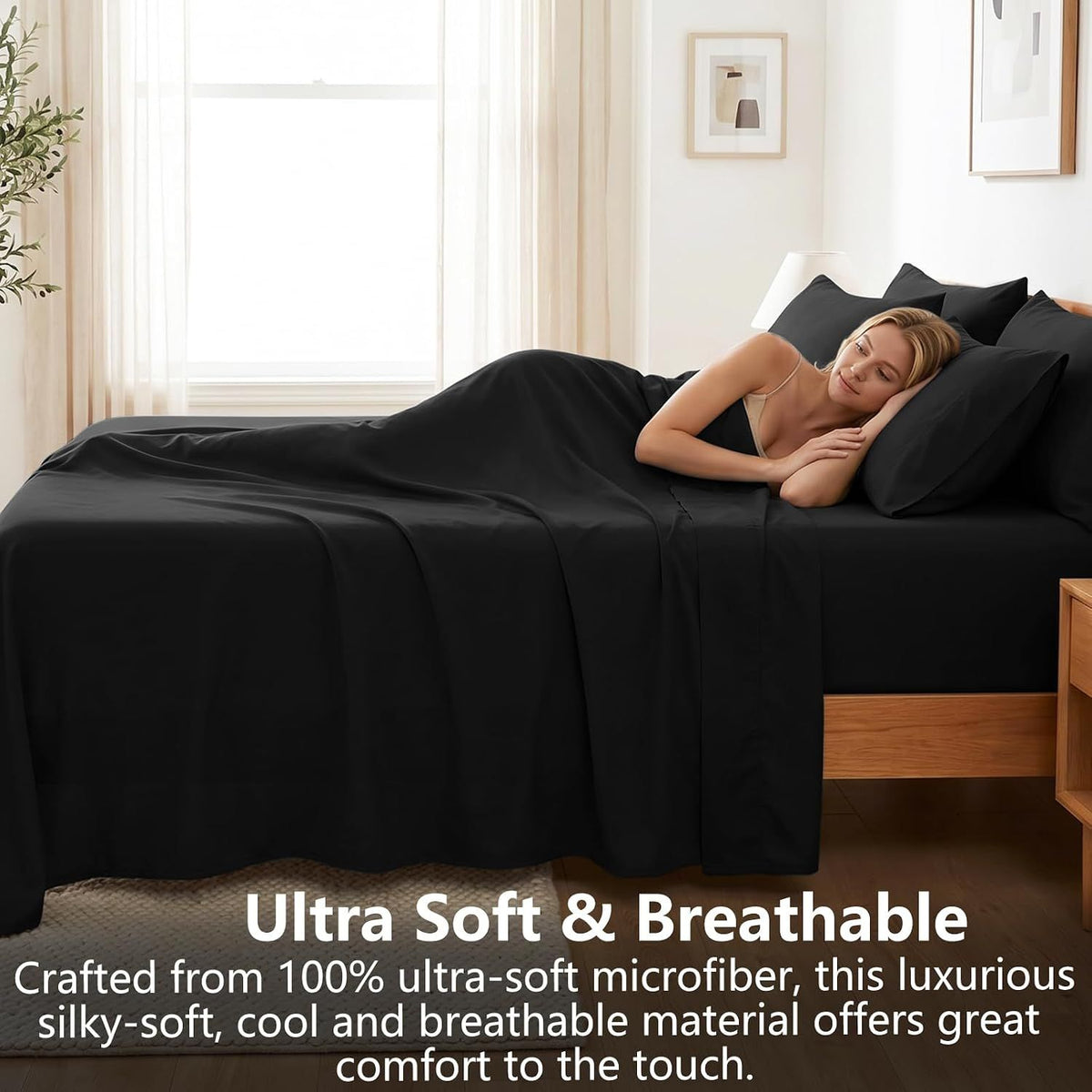 Hotel Soft Bed Sheet Set- Bedding Sheets & Pillowcases -Breathable Bedding - Wrinkle, Fade, Stain Resistant-Deep Pocket Flat Fitted Bed Sheet Set(Black,Double)