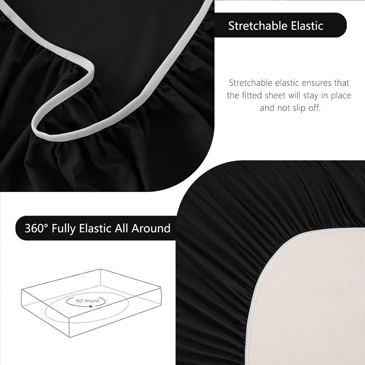 Hotel Soft Bed Sheet Set- Bedding Sheets & Pillowcases -Breathable Bedding - Wrinkle, Fade, Stain Resistant-Deep Pocket Flat Fitted Bed Sheet Set(Black,Double)