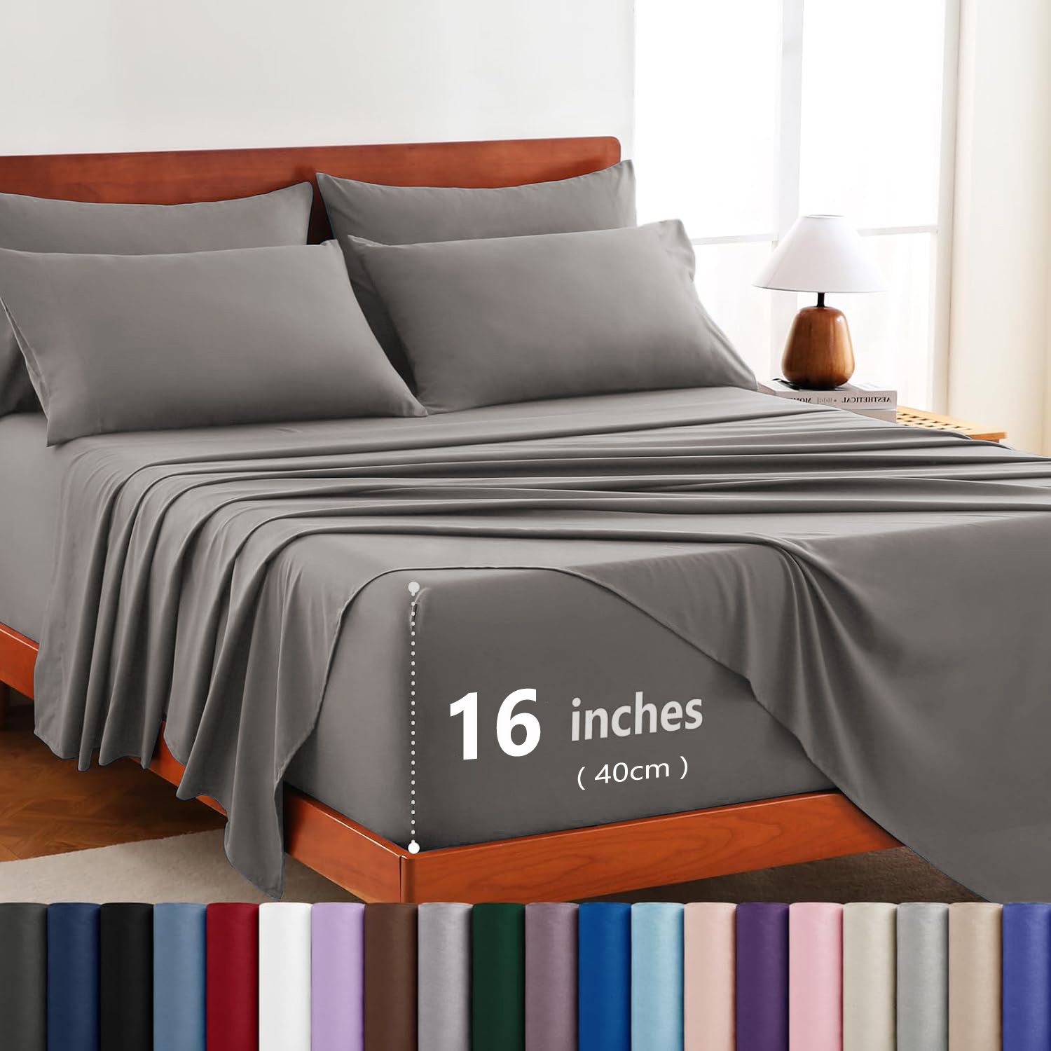 Hotel Soft Bed Sheet Set- Bedding Sheets & Pillowcases -Breathable Bedding - Wrinkle, Fade, Stain Resistant-Deep Pocket Flat Fitted Bed Sheet Set(Grey,Double)