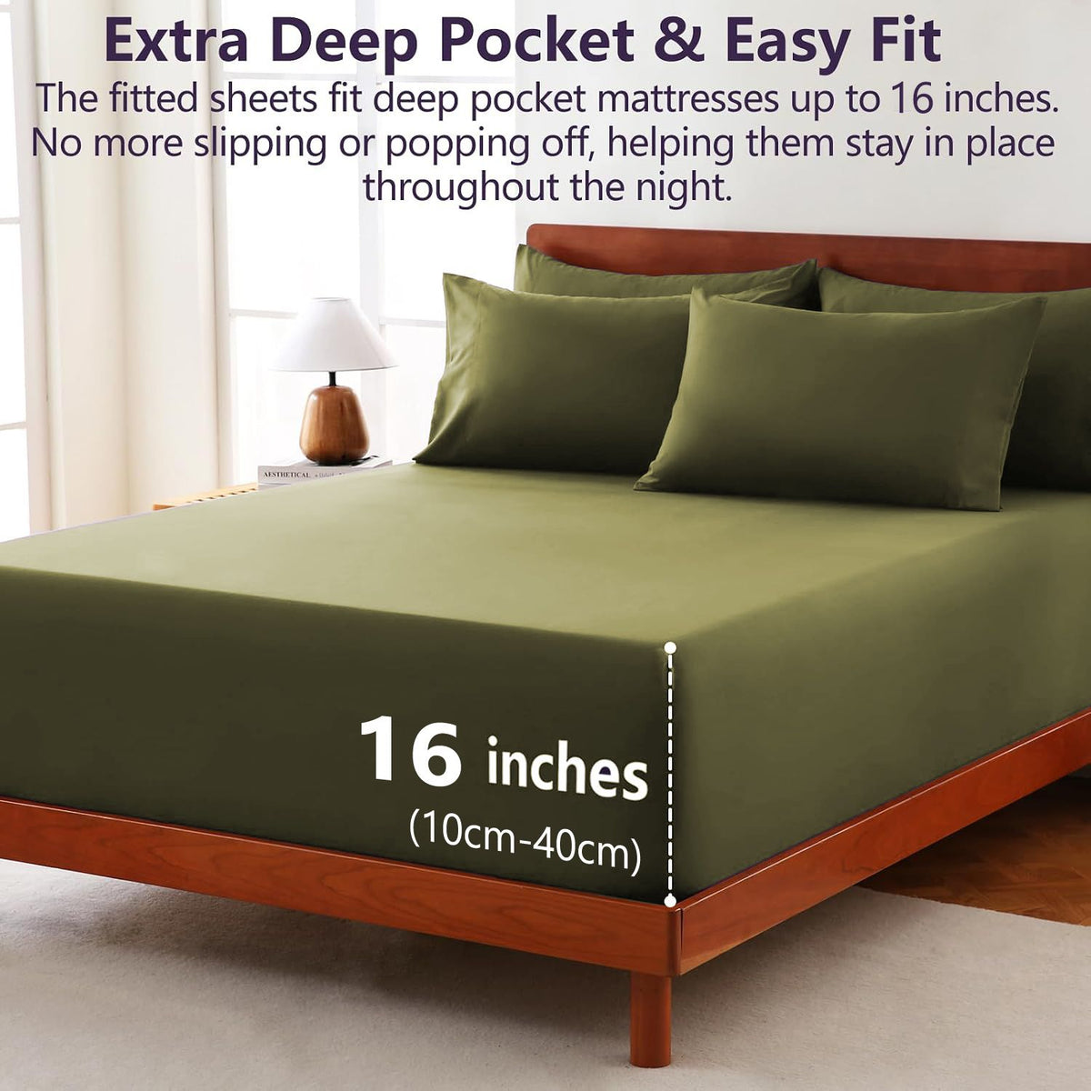 Hotel Soft Bed Sheet Set- Bedding Sheets & Pillowcases -Breathable Bedding - Wrinkle, Fade, Stain Resistant-Deep Pocket Flat Fitted Bed Sheet Set(Olive green,Double)