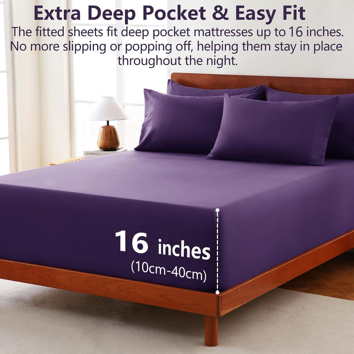 Hotel Soft Bed Sheet Set- Bedding Sheets & Pillowcases -Breathable Bedding - Wrinkle, Fade, Stain Resistant-Deep Pocket Flat Fitted Bed Sheet Set(Purple,King)