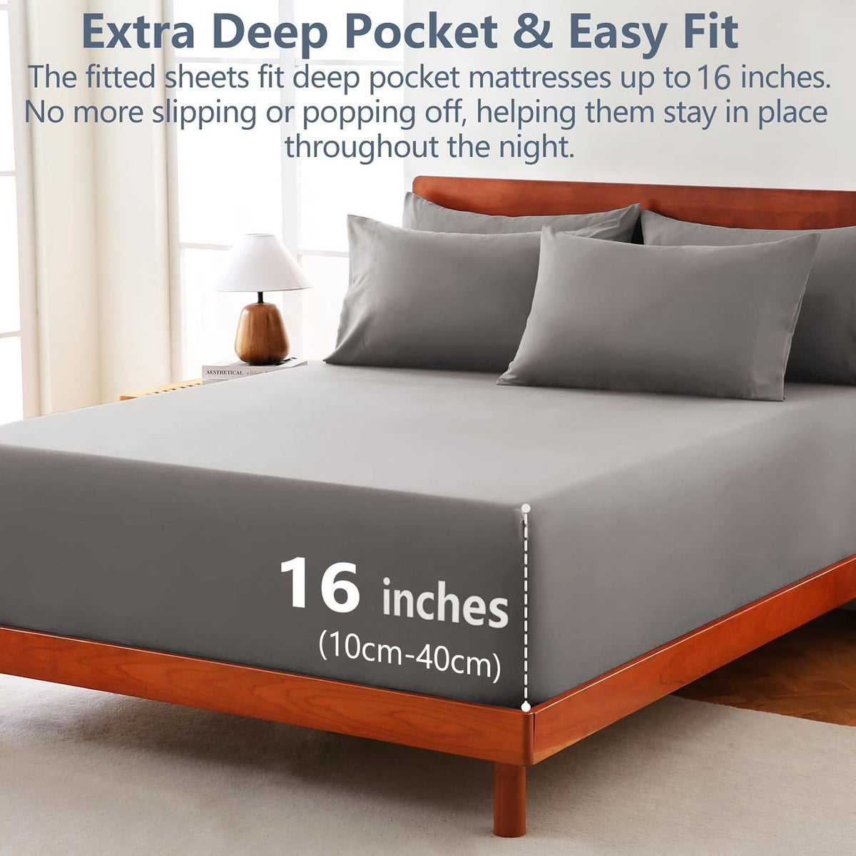 Hotel Soft Bed Sheet Set- Bedding Sheets & Pillowcases -Breathable Bedding - Wrinkle, Fade, Stain Resistant-Deep Pocket Flat Fitted Bed Sheet Set(Grey,King Single)
