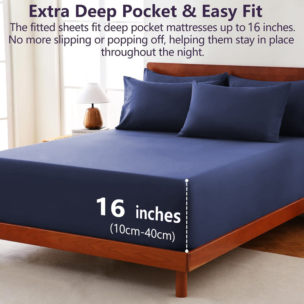 Hotel Soft Bed Sheet Set- Bedding Sheets & Pillowcases -Breathable Bedding - Wrinkle, Fade, Stain Resistant-Deep Pocket Flat Fitted Bed Sheet Set(Navy,King Single)