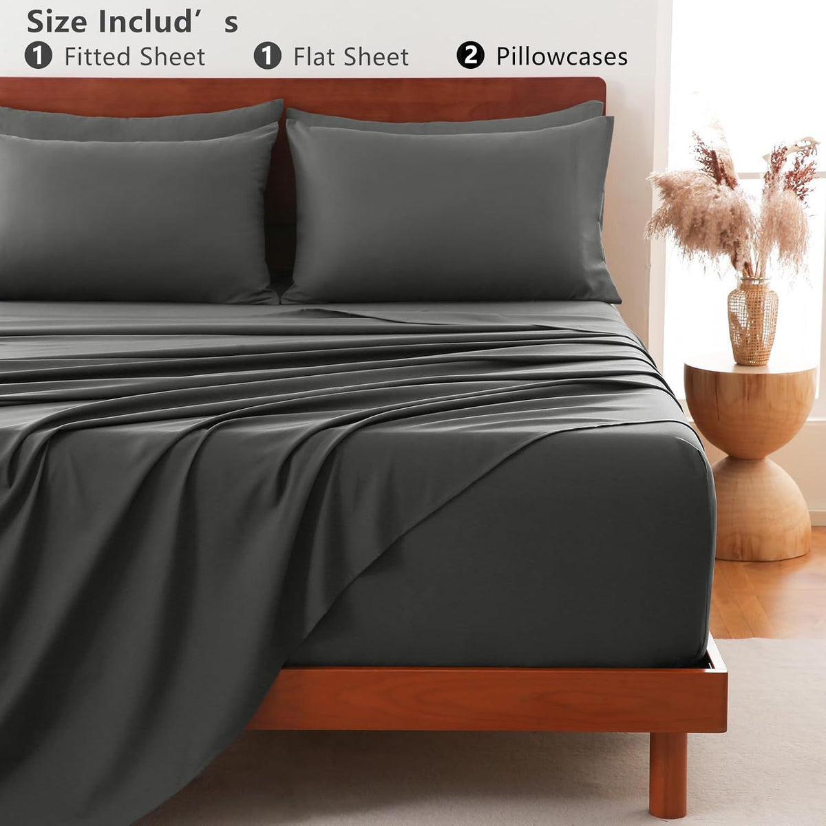 Hotel Soft Bed Sheet Set- Bedding Sheets & Pillowcases -Breathable Bedding - Wrinkle, Fade, Stain Resistant-Deep Pocket Flat Fitted Bed Sheet Set(Dark gray,Queen)
