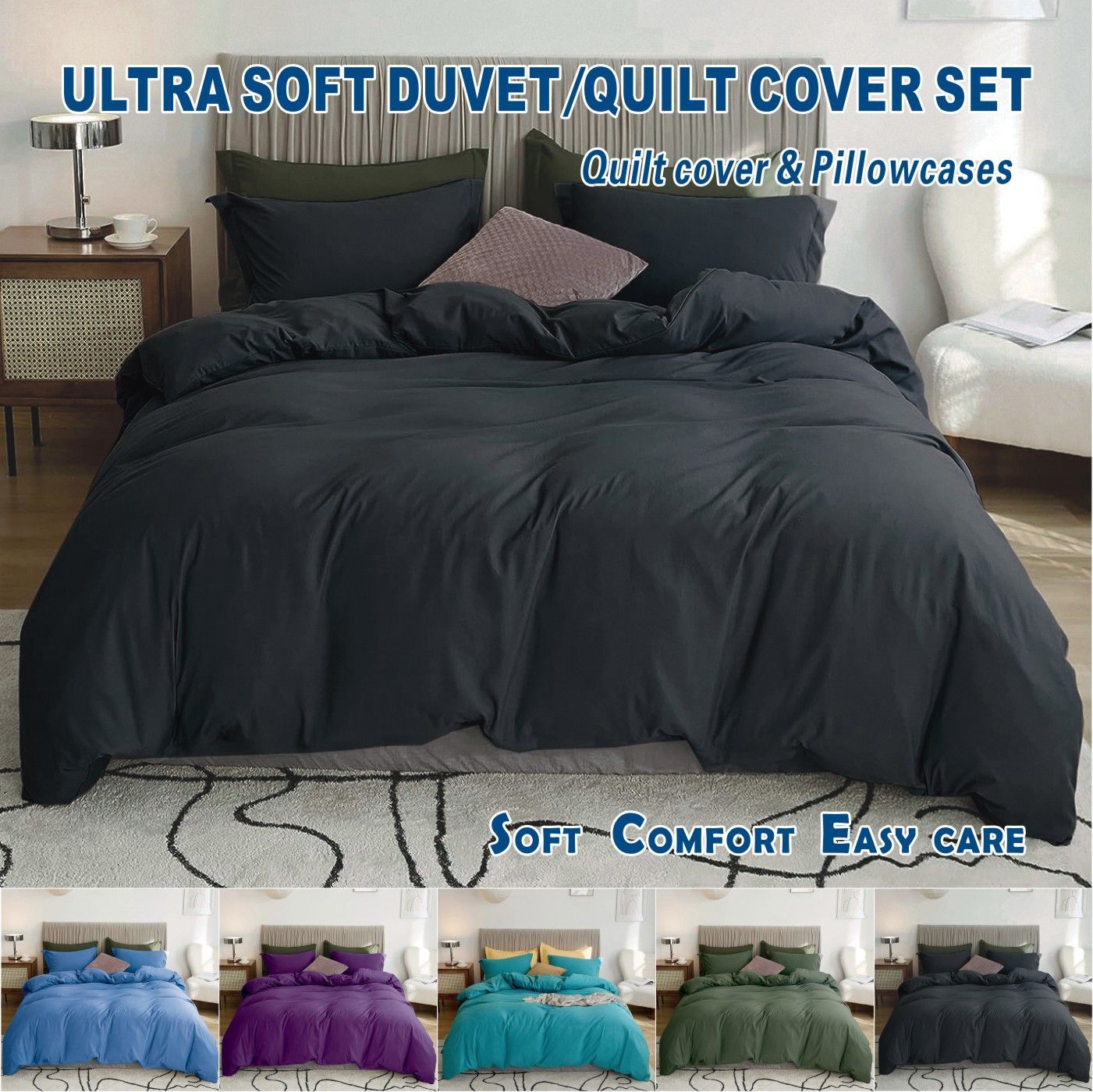 3 Piece Hotel Soft Microfiber Quilt Cover Set-2000TC Duvet/Donna Cover Set & Pillowcases -1 Quilt Cover Zipper Closure & 1 x Pillowcases-Breathable Bedding - Wrinkle, Fade, Stain Resistant(Black,Double)