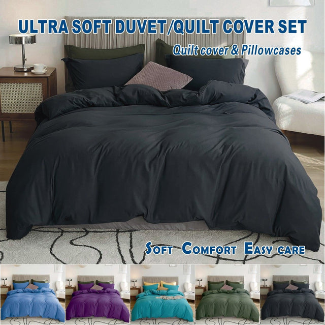 3 Piece Hotel Soft Microfiber Quilt Cover Set-2000TC Duvet/Donna Cover Set & Pillowcases -1 Quilt Cover Zipper Closure & 1 x Pillowcases-Breathable Bedding - Wrinkle, Fade, Stain Resistant(Black,Double)