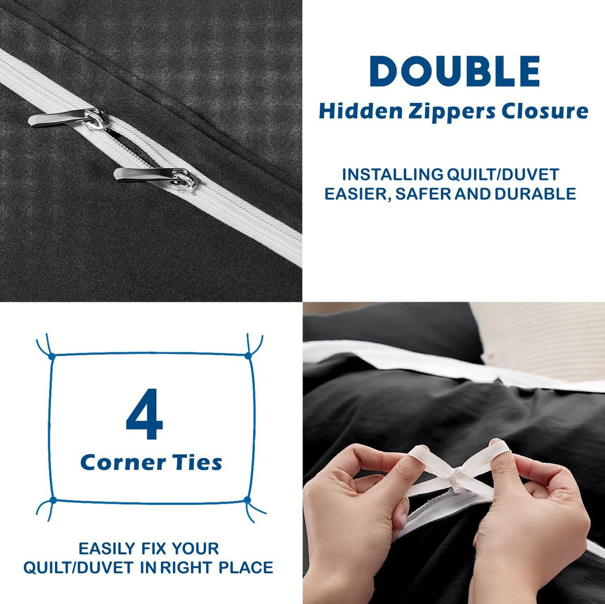 3 Piece Hotel Soft Microfiber Quilt Cover Set-2000TC Duvet/Donna Cover Set & Pillowcases -1 Quilt Cover Zipper Closure & 1 x Pillowcases-Breathable Bedding - Wrinkle, Fade, Stain Resistant(Black,Double)