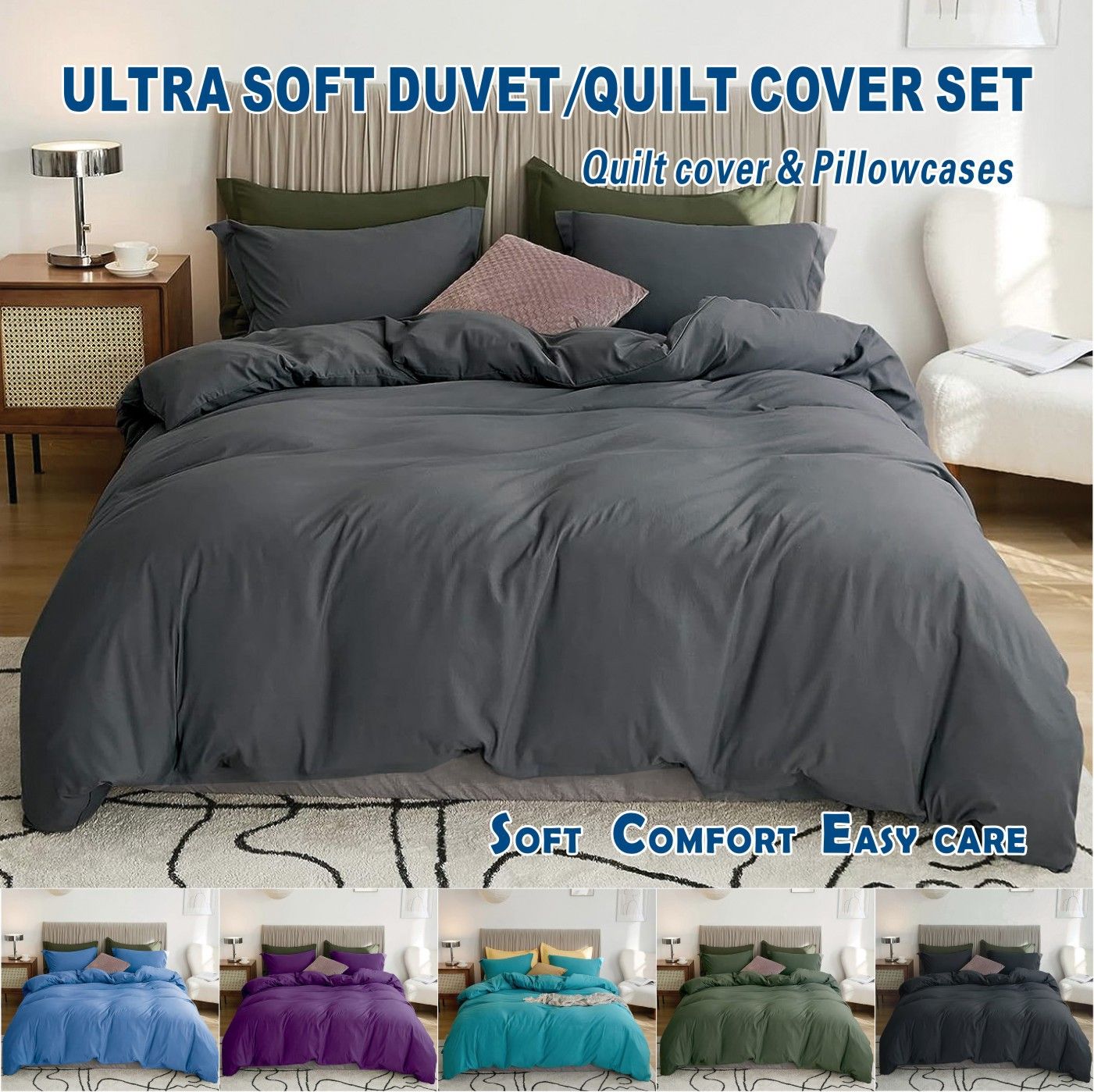 3 Piece Hotel Soft Microfiber Quilt Cover Set-2000TC Duvet/Donna Cover Set & Pillowcases -1 Quilt Cover Zipper Closure & 1 x Pillowcases-Breathable Bedding - Wrinkle, Fade, Stain Resistant(Dark gray,Double)