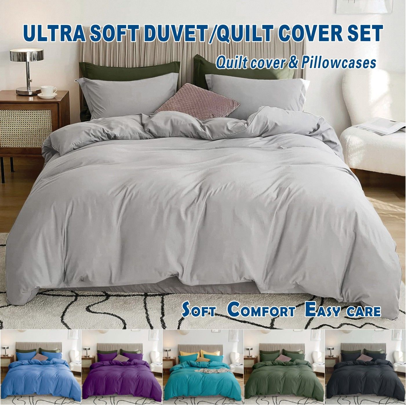 3 Piece Hotel Soft Microfiber Quilt Cover Set-2000TC Duvet/Donna Cover Set & Pillowcases -1 Quilt Cover Zipper Closure & 1 x Pillowcases-Breathable Bedding - Wrinkle, Fade, Stain Resistant(Silver-gray,Double)
