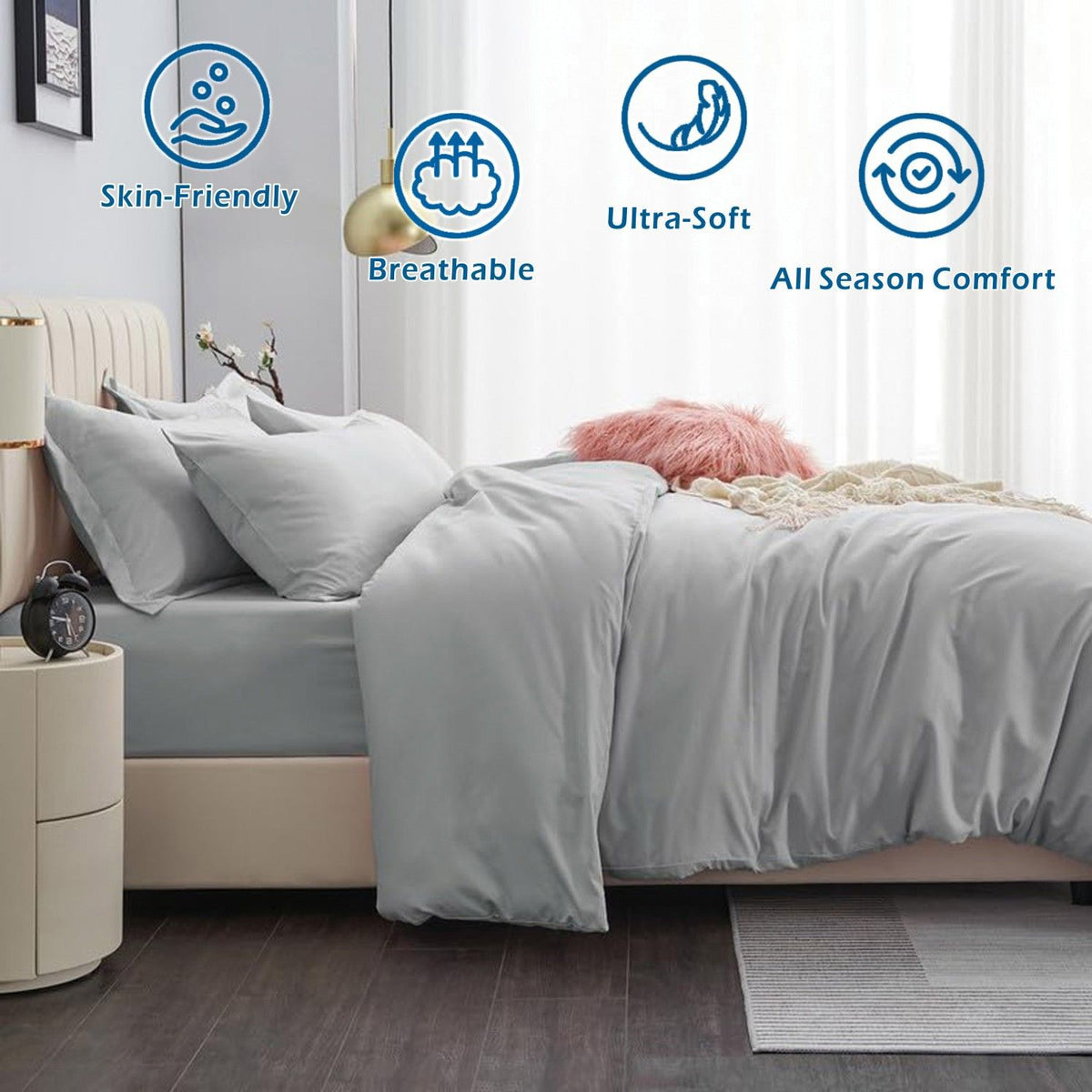 3 Piece Hotel Soft Microfiber Quilt Cover Set-2000TC Duvet/Donna Cover Set & Pillowcases -1 Quilt Cover Zipper Closure & 1 x Pillowcases-Breathable Bedding - Wrinkle, Fade, Stain Resistant(Silver-gray,Double)