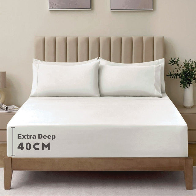 3 Piece Fitted Sheet Set- Fitted Sheet & Pillowcases -Breathable Bedding - Wrinkle, Fade, Stain Resistant- 40cm Deep Pocket Fitted Bed Sheet Set(Raw white,Double)