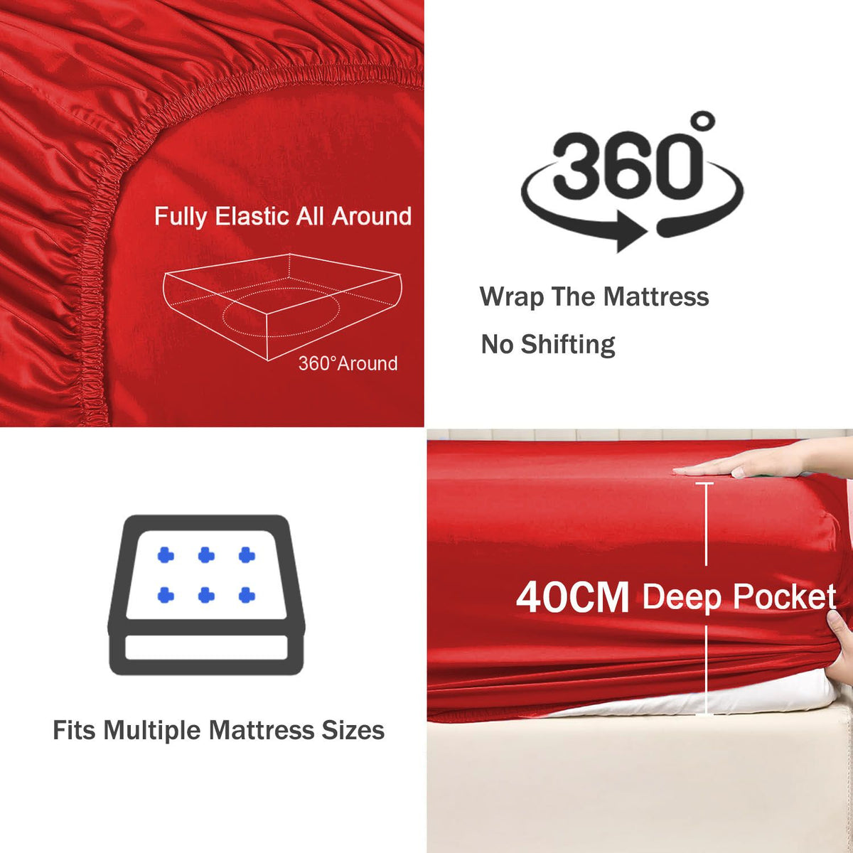 3 Piece Fitted Sheet Set- Fitted Sheet & Pillowcases -Breathable Bedding - Wrinkle, Fade, Stain Resistant- 40cm Deep Pocket Fitted Bed Sheet Set(Red,Double)