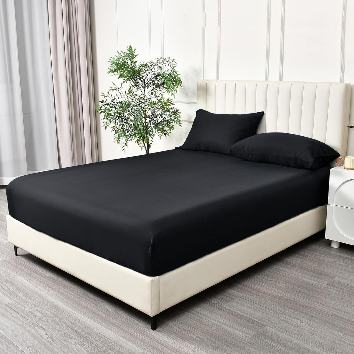 3 Piece Fitted Sheet Set- Fitted Sheet & Pillowcases -Breathable Bedding - Wrinkle, Fade, Stain Resistant- 40cm Deep Pocket Fitted Bed Sheet Set(Black,Double)