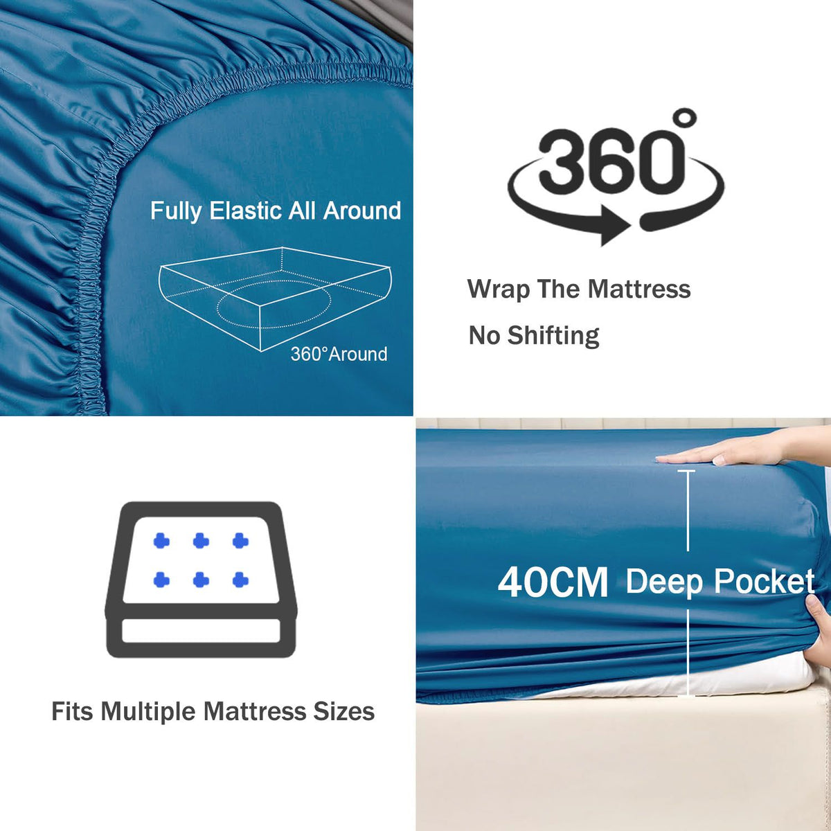 3 Piece Fitted Sheet Set- Fitted Sheet & Pillowcases -Breathable Bedding - Wrinkle, Fade, Stain Resistant- 40cm Deep Pocket Fitted Bed Sheet Set(Ocean,Double)