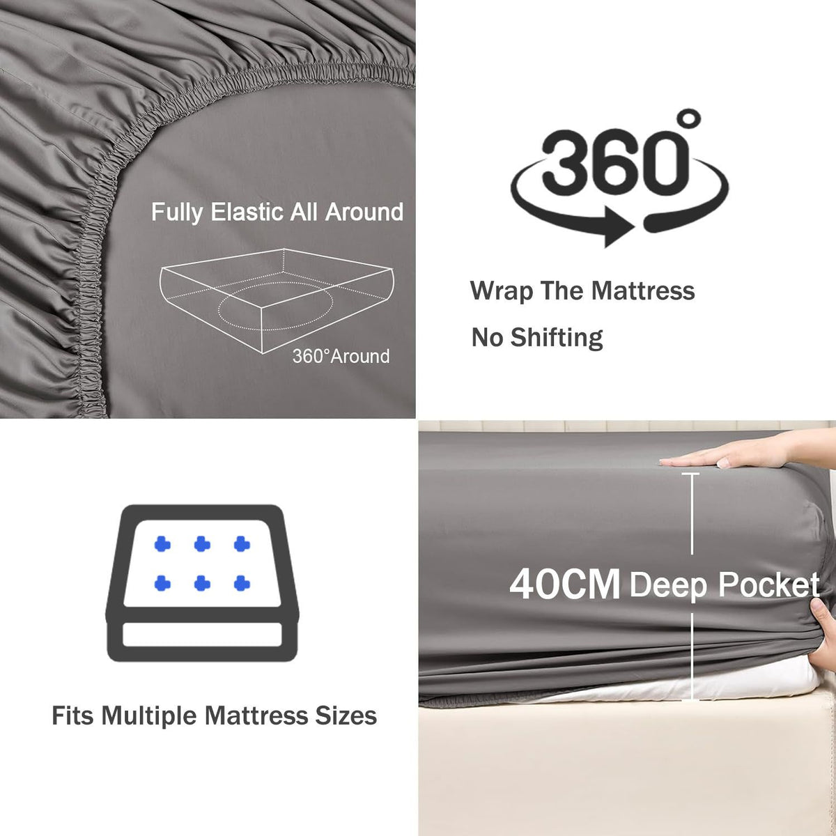 3 Piece Fitted Sheet Set- Fitted Sheet & Pillowcases -Breathable Bedding - Wrinkle, Fade, Stain Resistant- 40cm Deep Pocket Fitted Bed Sheet Set(Grey,Double)
