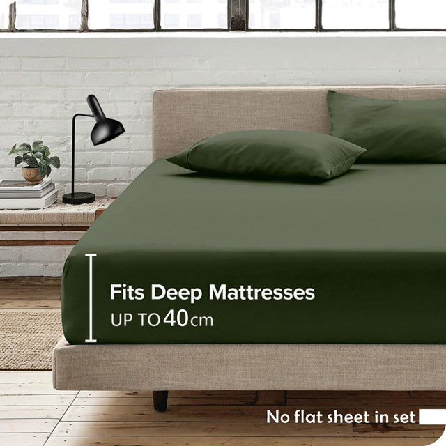 3 Piece Fitted Sheet Set- Fitted Sheet & Pillowcases -Breathable Bedding - Wrinkle, Fade, Stain Resistant- 40cm Deep Pocket Fitted Bed Sheet Set(Olive green,Double)