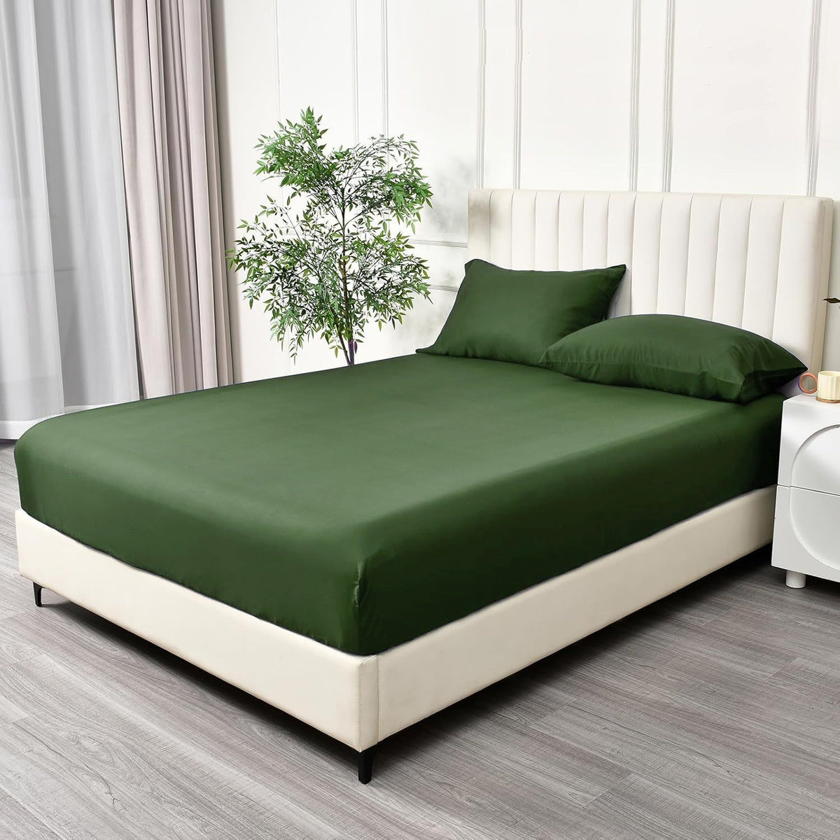 3 Piece Fitted Sheet Set- Fitted Sheet & Pillowcases -Breathable Bedding - Wrinkle, Fade, Stain Resistant- 40cm Deep Pocket Fitted Bed Sheet Set(Olive green,Double)