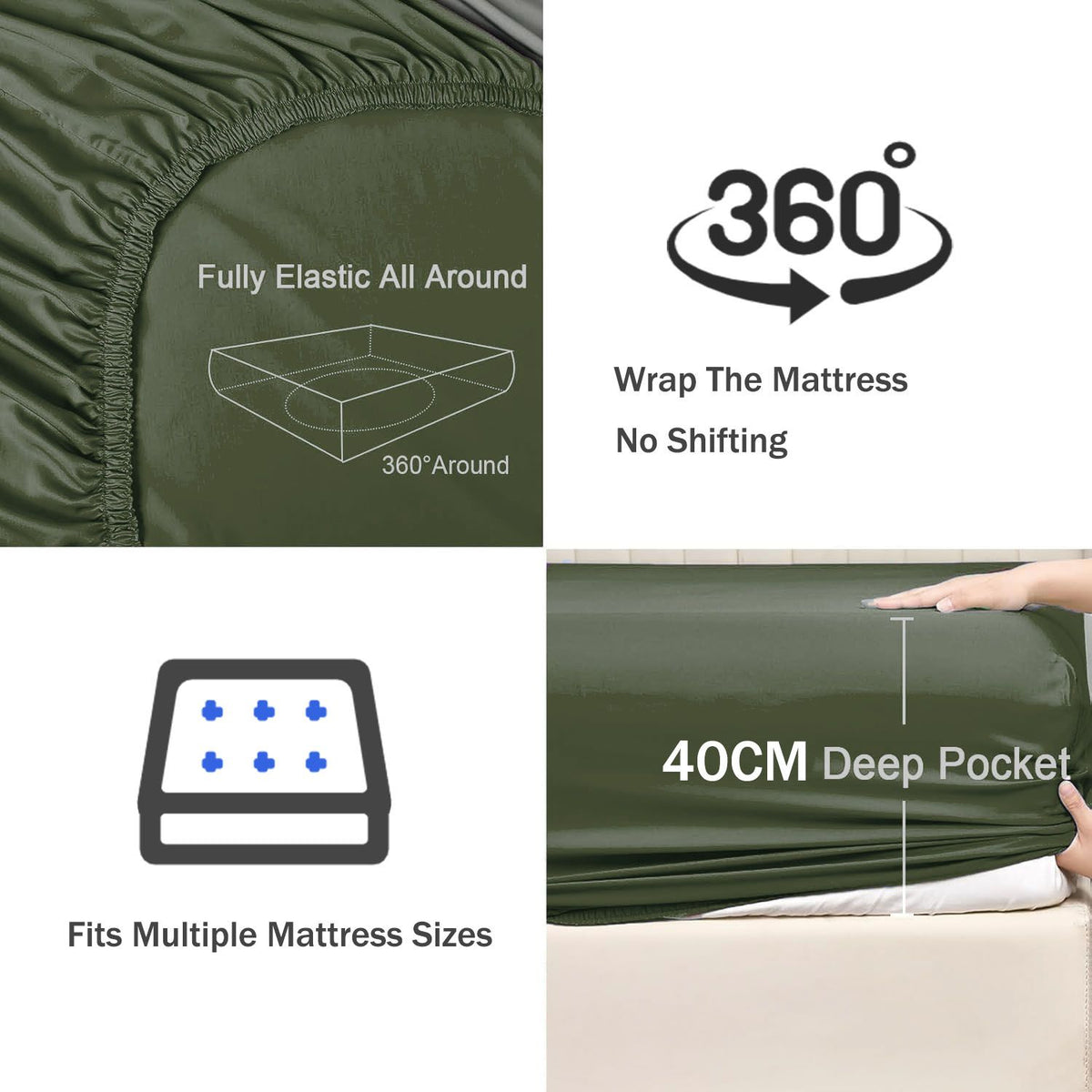 3 Piece Fitted Sheet Set- Fitted Sheet & Pillowcases -Breathable Bedding - Wrinkle, Fade, Stain Resistant- 40cm Deep Pocket Fitted Bed Sheet Set(Olive green,Double)